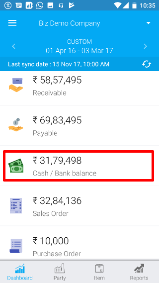 Dashboard Cash / Bank Balance